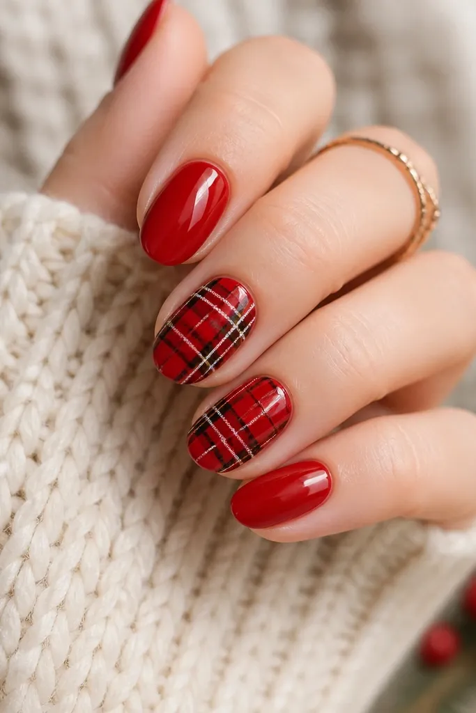 Most nails are solid red. Two accent nails show red plaid lines with thin white and black strips, like cozy flannel, and a glossy finish.