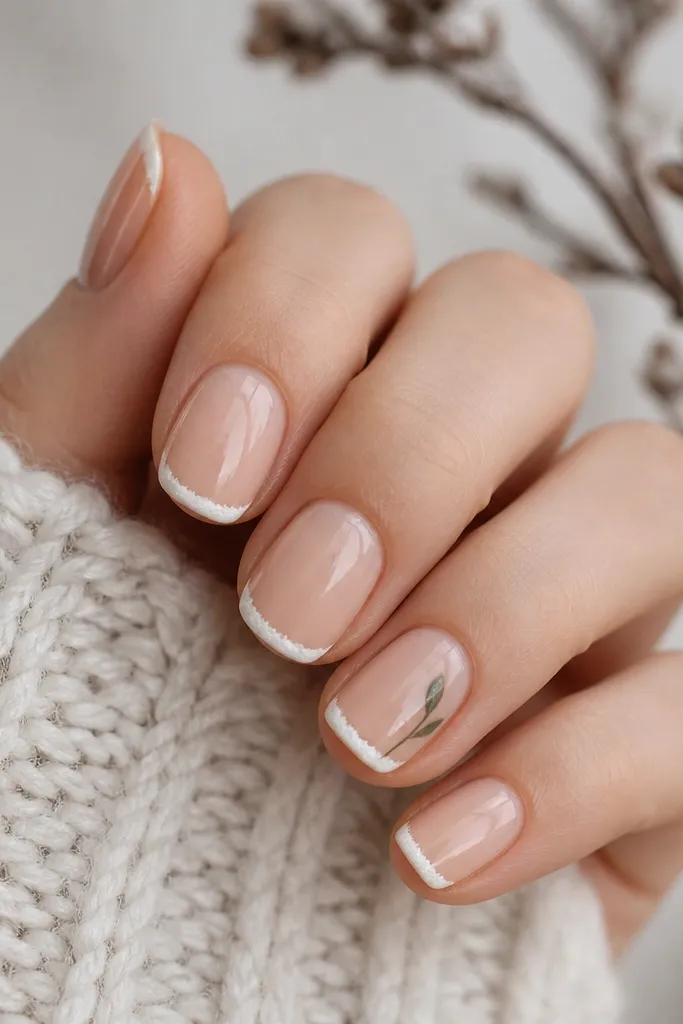 Nails have a nude base with a thin white "snow" line across the tip. One nail has a tiny green branch with two small leaves drawn near the side, with glossy top coat.
