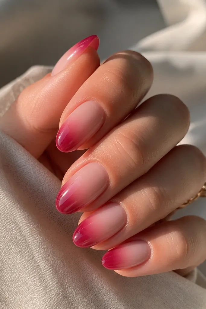 Nails are a soft nude-vanilla base with a glossy cranberry glaze near the tips. The finish looks thick and glassy, with a smooth gradient.