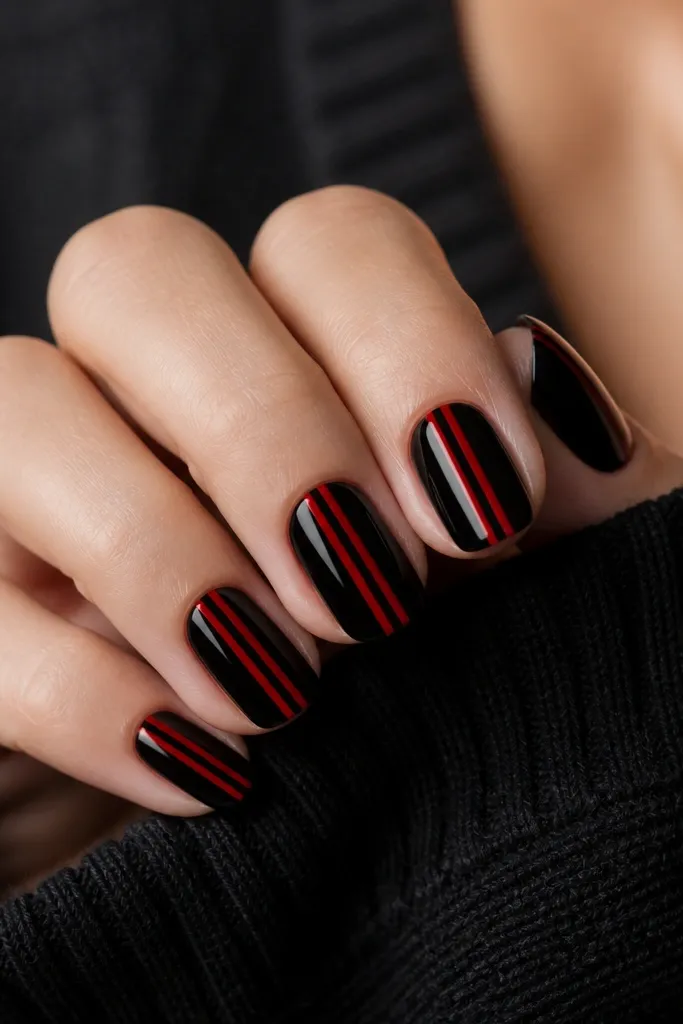 Nails painted glossy black with two narrow vertical red stripes running down the center. The stripes are straight and crisp, with a high-shine finish.