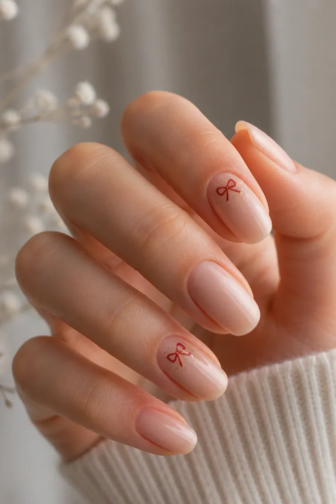 Nails are nude and glossy. One or two nails have a red bow decal near the cuticle. Tiny micro gold confetti specks are scattered lightly around the bow.