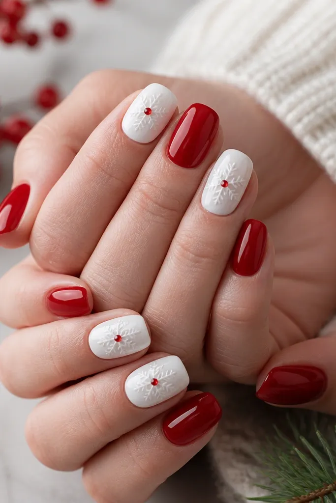 Some nails are matte white with simple snowflake decals. Each snowflake has a tiny glossy red dot in the center, and the rest of the nails are glossy red.