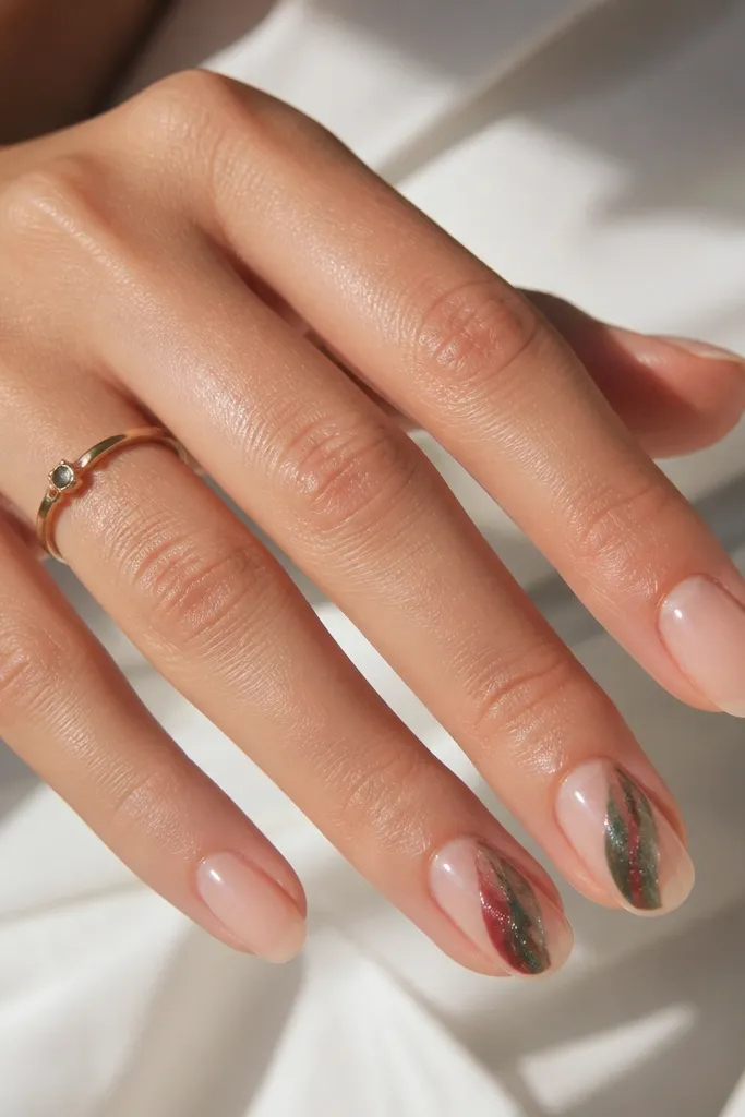 Most nails are sheer nude. Accent nails have a loose swirl made from dark green and red gel near the side or center, with tiny clear sparkles over the swirl.