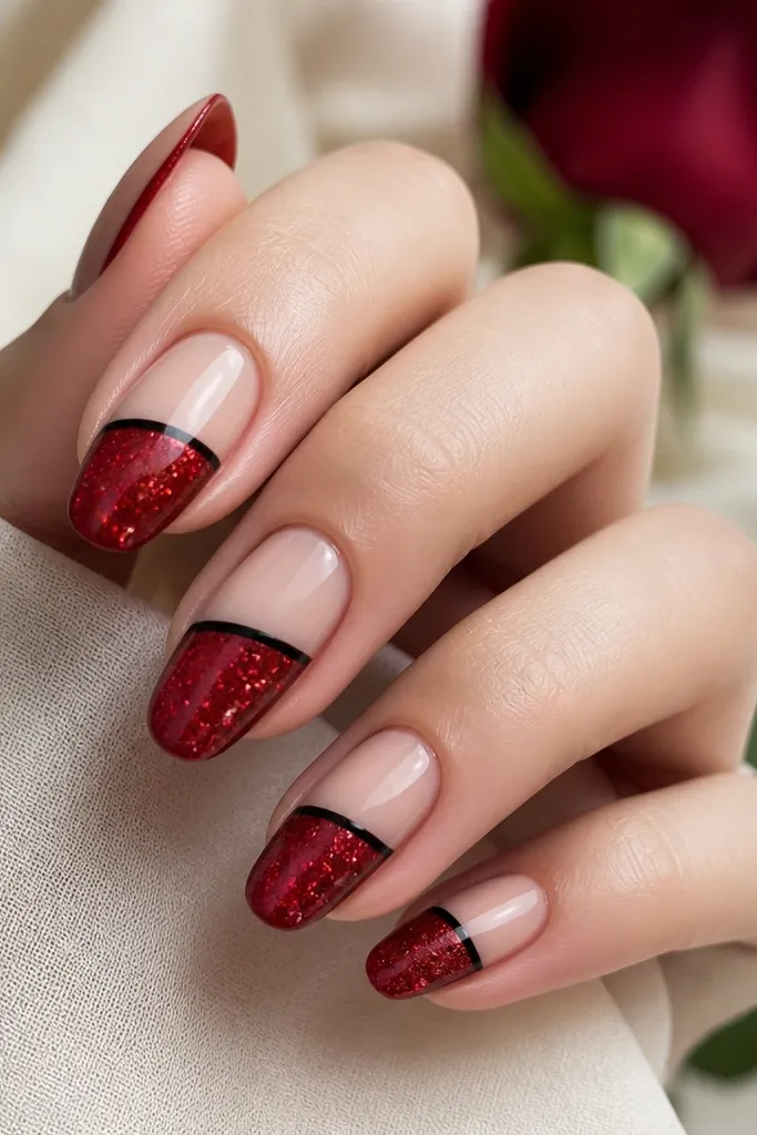 Nails are half covered in red glitter from mid-nail to tip. A thin black line frames each side of the glitter area, with a glossy top coat.