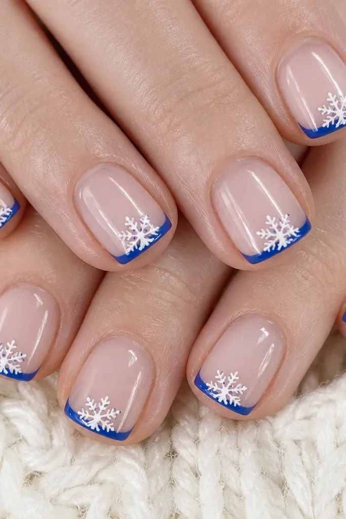 Close-up of short, square nails with a thin cobalt-blue French tip line. Each tip has a small white snowflake centered, outlined with fine blue dots. The whole set has a high-gloss clear finish and clean cuticles.