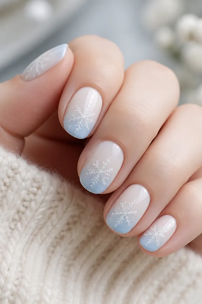 Short to medium rounded nails with an ice-blue ombre that fades from milky white near the cuticle to pale blue at the tips. Thin white dot lines form small snowflake shapes on each nail. The finish is glossy and smooth.
