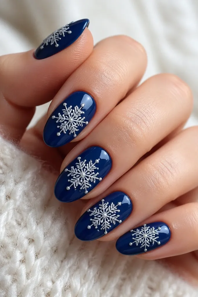 Medium almond nails with a deep blue base that looks gel-like and glossy. Pearl white snowflakes are raised slightly, with tiny pearl shimmer accents at the points. Each nail has one snowflake centered with a clean cuticle line.