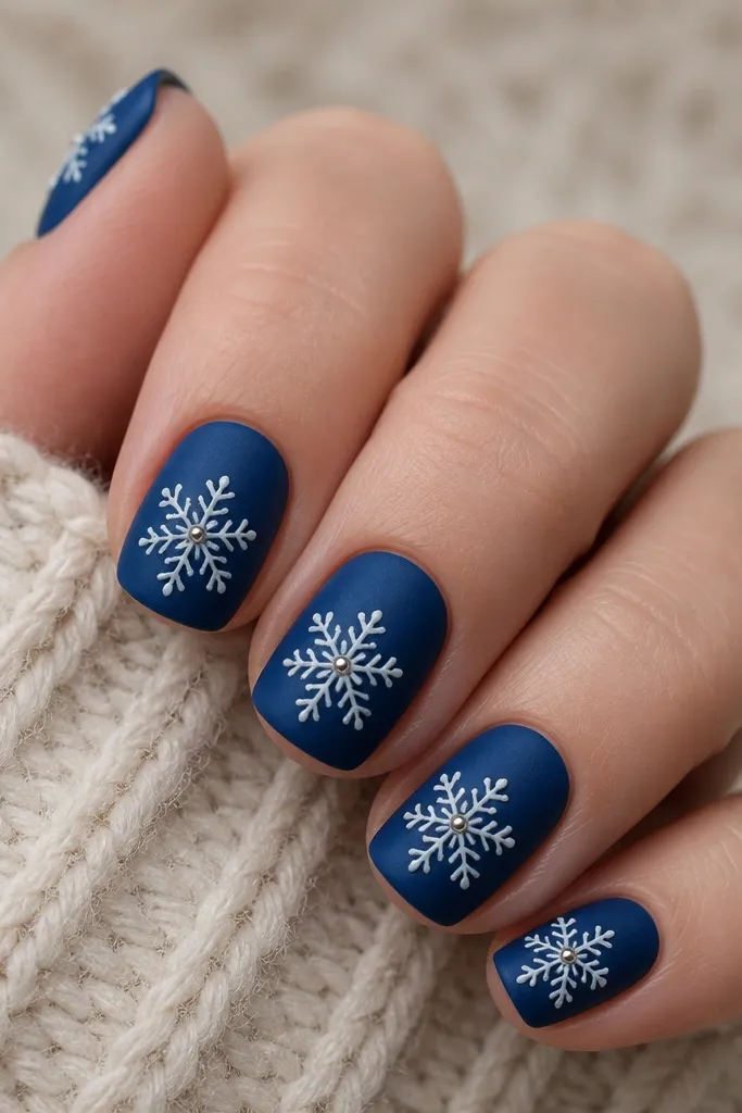 Short squoval nails with a matte deep blue velvet finish. Snowflakes are painted in white with a glossy outline, and the center has tiny silver dot accents. The cuticles look neat and the snowflakes shine against the matte background.