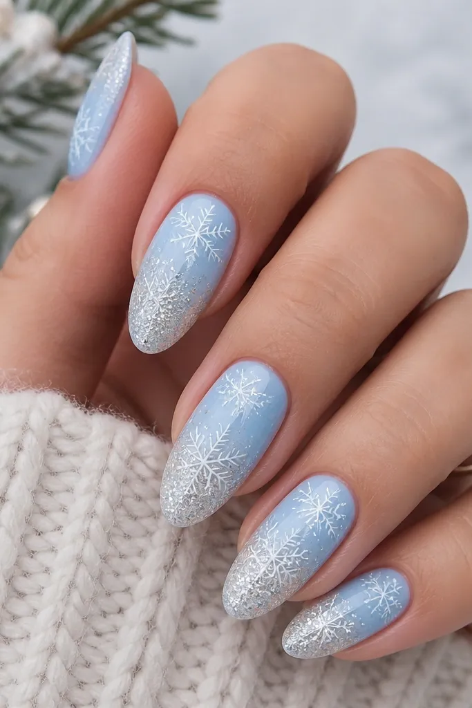 Medium almond nails with a pale blue base that fades into fine silver glitter at the tips. White fine-line snowflake art sits in the middle and near the cuticle, drawn with thin strokes. The tips stay sparkly and the rest is glossy.