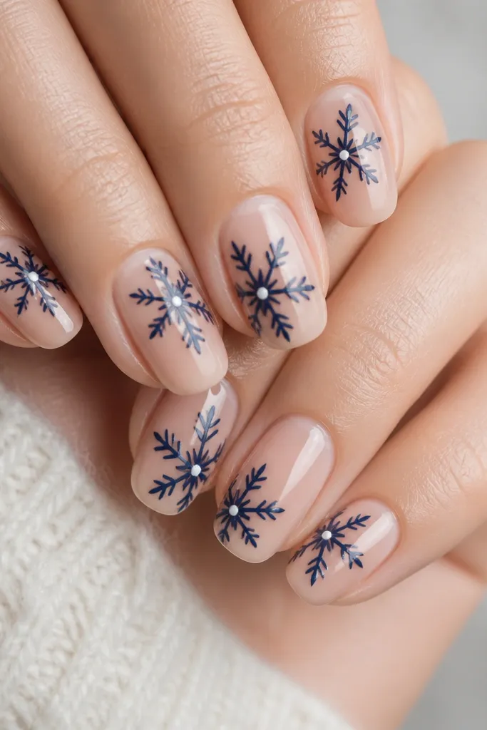 Nails with a sheer nude base and midnight blue snowflake shapes made from negative space. White accents appear as tiny dots at the snowflake intersections. The overall look has clean gaps where the nude shows through.