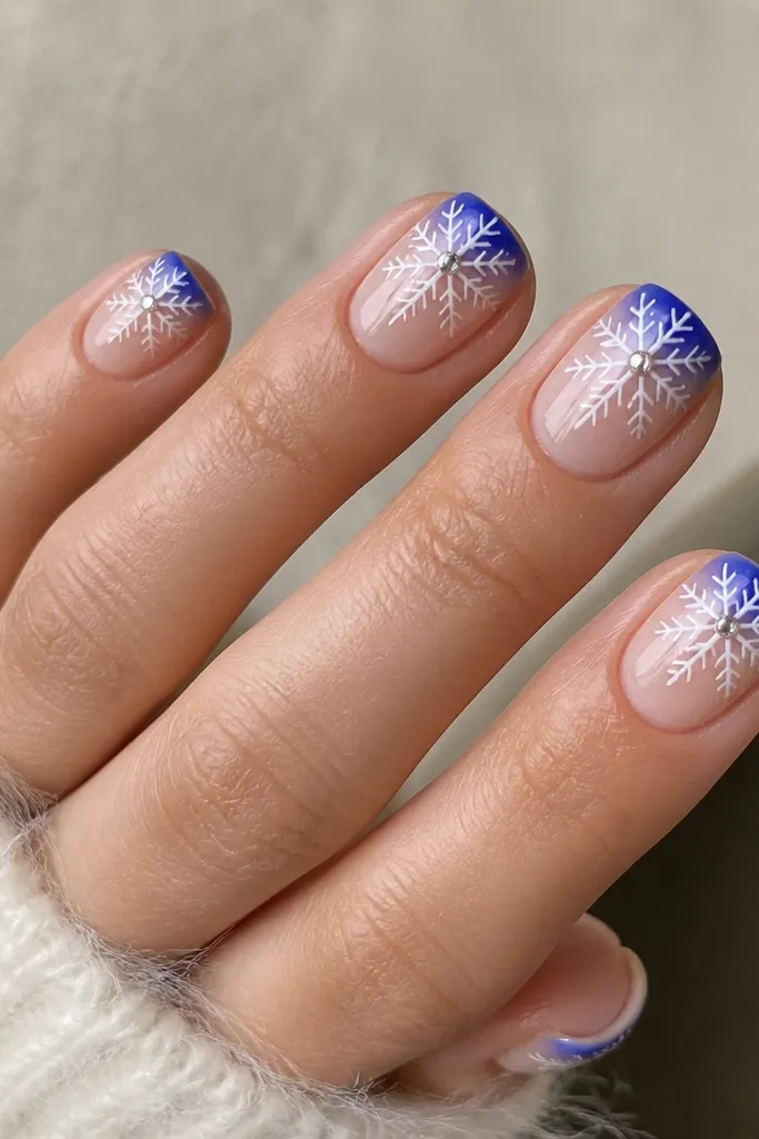 Short squoval nails with a royal blue cuticle halo. Each nail has a white snowflake radiating outward from near the cuticle, with one small rhinestone in the center. The rest of the nail is nude sheer and glossy.