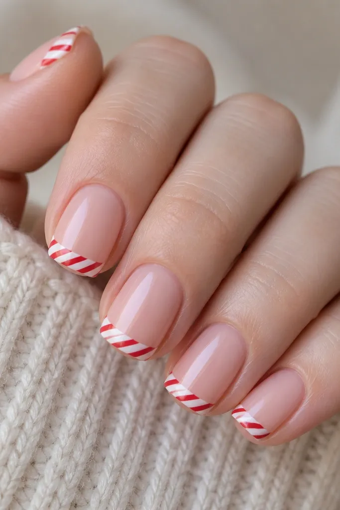 A close-up of short squoval nails on a light-skinned hand. Nails are nude-pink glossy. The tips have thin diagonal white and red stripes like candy cane, with crisp line edges and a clean cuticle line.