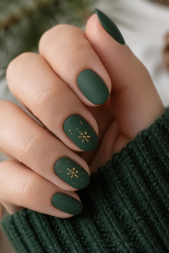 Short almond nails painted a deep forest green matte. On two nails, tiny gold dot clusters form simple snow dots near the center, with a smooth matte finish and no heavy glitter.