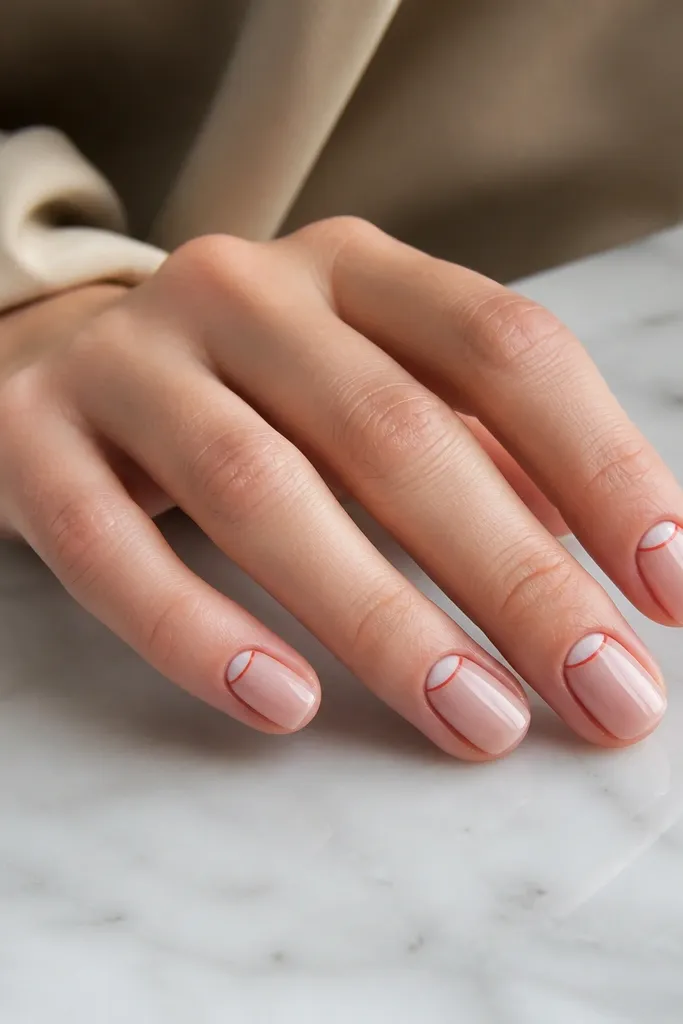 Nails are sheer milky pink with a clean half-moon at the base. The half-moon is milky white and is outlined with a thin red curve, all glossy and centered.
