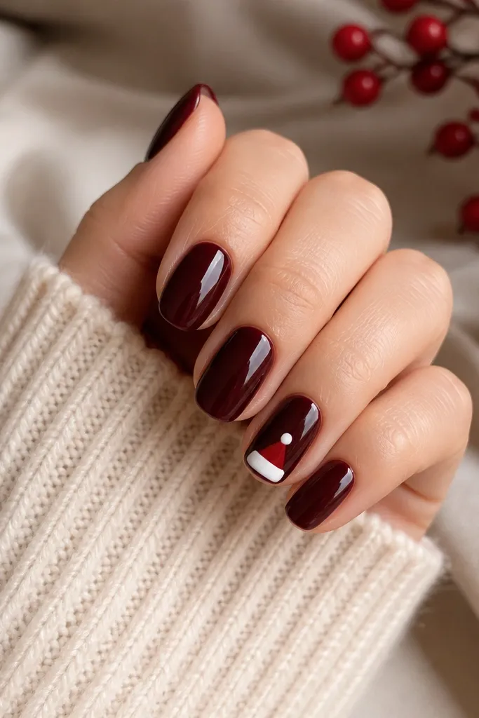 Most nails are glossy deep burgundy. The ring finger has a tiny Santa hat: a white cuff band and a small red hat with a white pom-pom, centered near the tip.