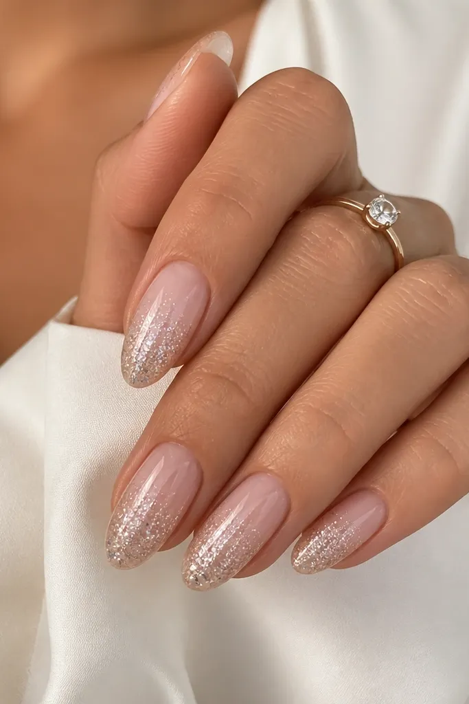 Nails start sheer nude at the base and have a soft glitter fade that concentrates in the center and becomes heavier toward the tips. The nails are glossy and smooth, with no gritty texture.