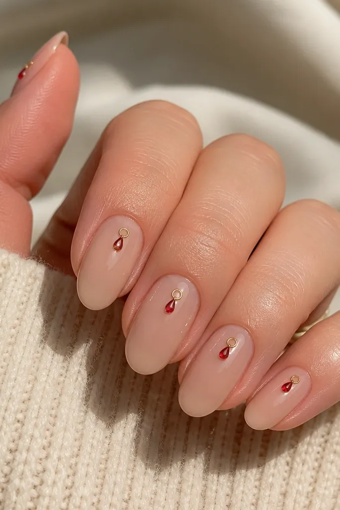 Nails are glossy soft nude. Each nail has one tiny red ornament near the tip: a teardrop shape with a small gold loop at the top, with clean spacing and no extra clutter.