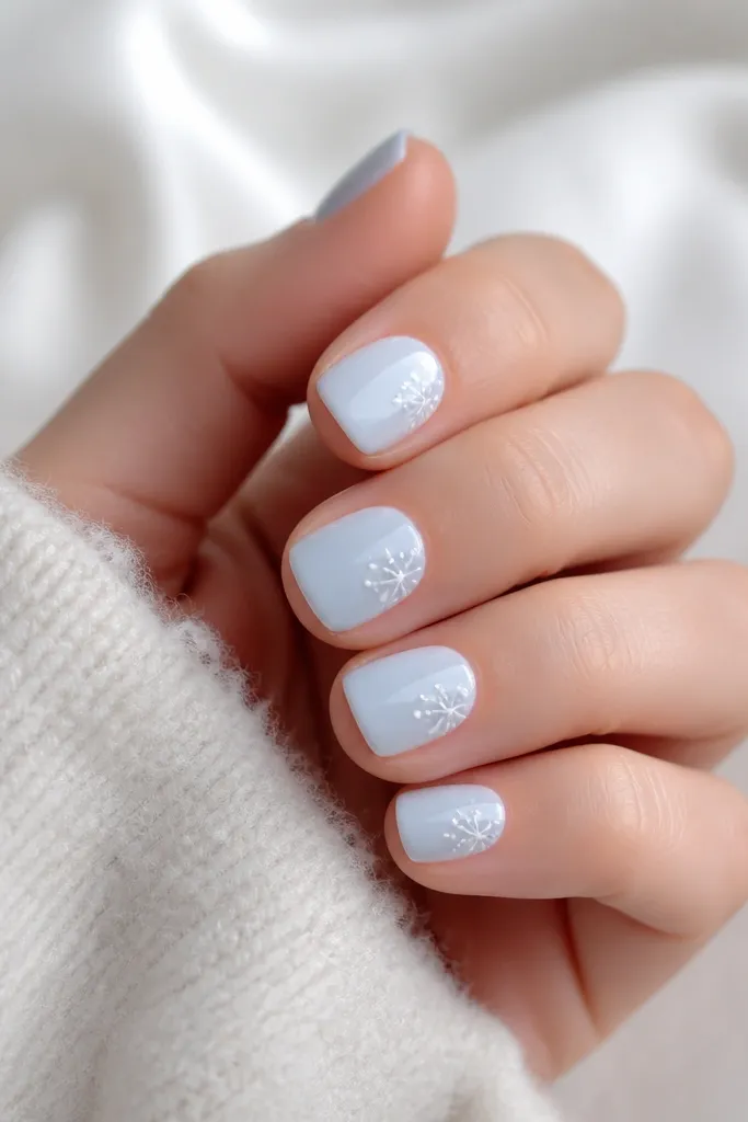 Short nails in milky ice blue. On each nail, a simple white snowflake sits in the corner near the cuticle, with tiny dots forming the snowflake points. Everything is glossy and clean.