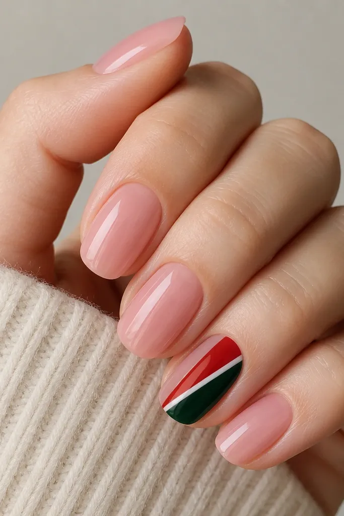 Most nails are glossy sheer pink. The ring finger has a diagonal ribbon across the nail: one side red, one side deep green, with a thin white stripe separating them. Lines are sharp and straight.
