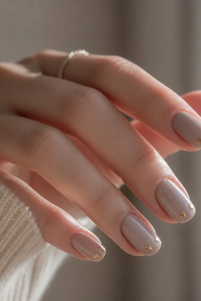 Nails are glossy taupe nude. Each nail tip has a tiny gold star placed near the center of the free edge, with a clean, minimal look and no glitter fallout.