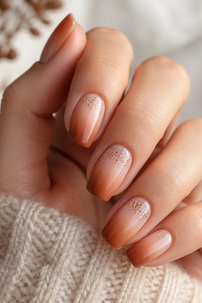 Nails show a soft ombré from warm nude at the base to caramel brown at the tips. On two nails, tiny cinnamon-brown dots form a snow scatter near the upper third. The finish is glossy.