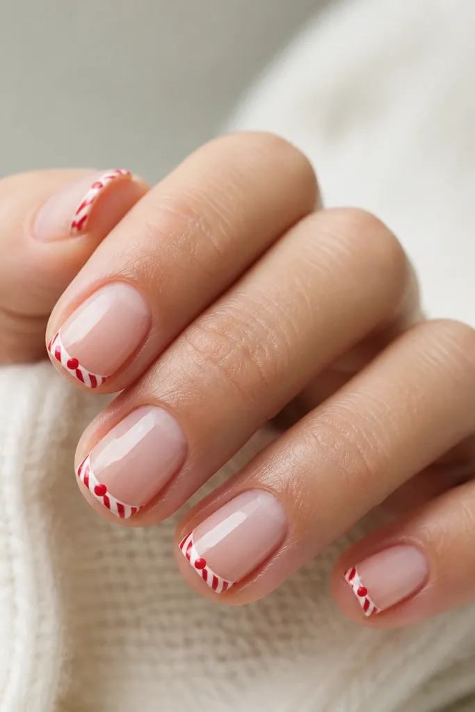 Short nails with a sheer pink base. The tips are thin French lines in red and white candy stripes, with a tiny red dot at the center of each tip.