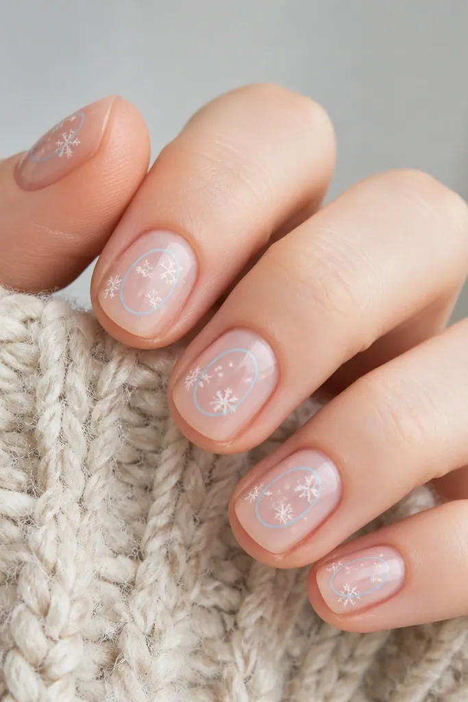 Short nails on a sheer base. Near the center of each nail, there is a small translucent oval "globe" outline in light blue, with 2-3 tiny white snowflakes inside and around it.