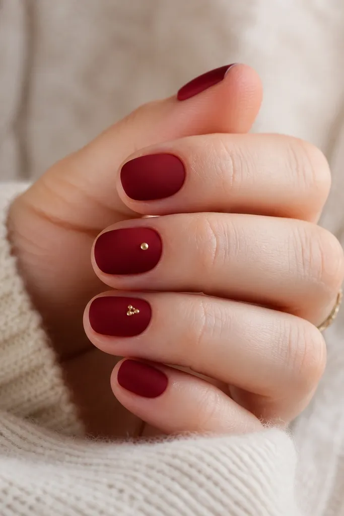 Short nails painted a deep red matte. One nail has a small gold dot cluster near the cuticle like ornaments, and another has a single gold dot centered vertically.