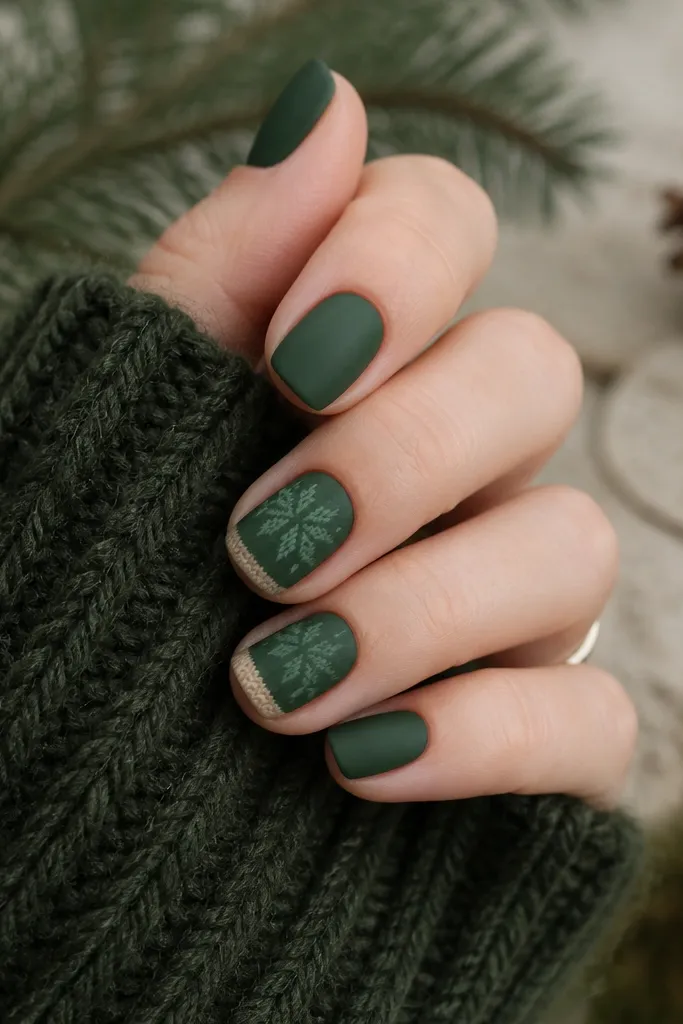 Short nails in forest green matte. One or two nails have a tiny knit pattern in lighter green around the center, plus a small beige cuff stripe near the tip.