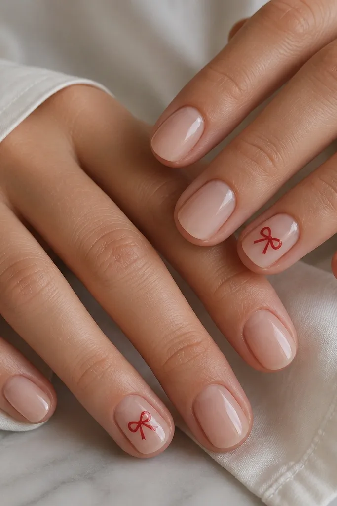 Short nude-pink nails with a single small red bow on one or two accent nails. The bow has two loops and a tiny knot in the center, with a thin white highlight line on the bow edges.