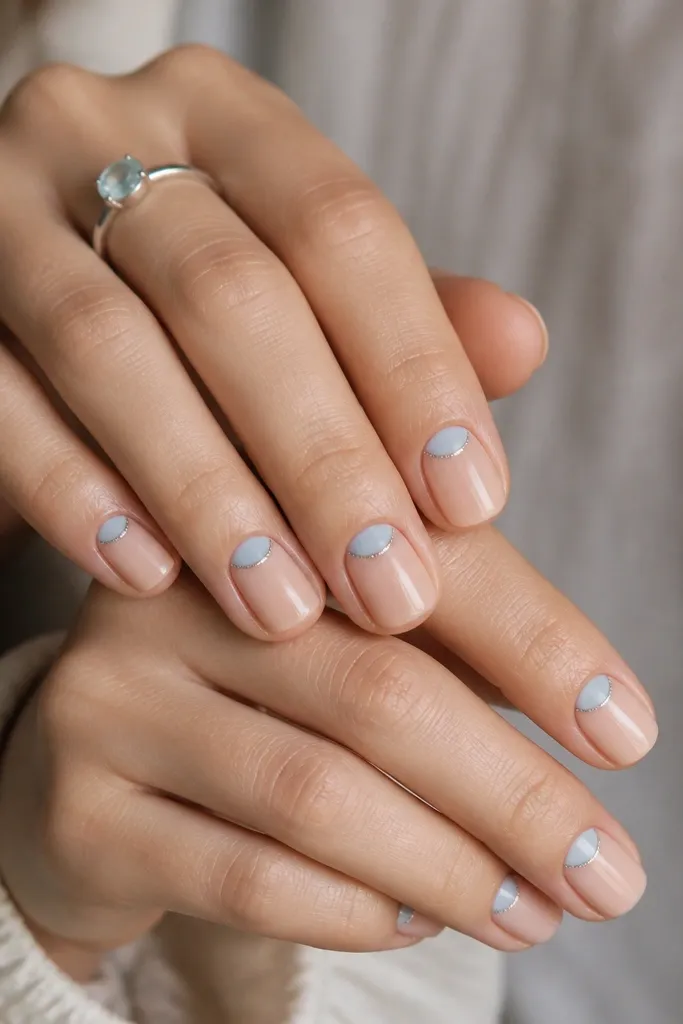 Short nails with a sheer nude base. The cuticle area has an icy blue half-moon, and a thin silver shimmer line curves around it like a bracelet.