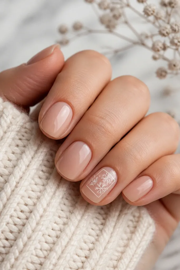 Short nails with a sheer nude base. One accent nail has two overlapping white snowflakes centered, with a thin white outline rectangle around the cluster leaving open corners.