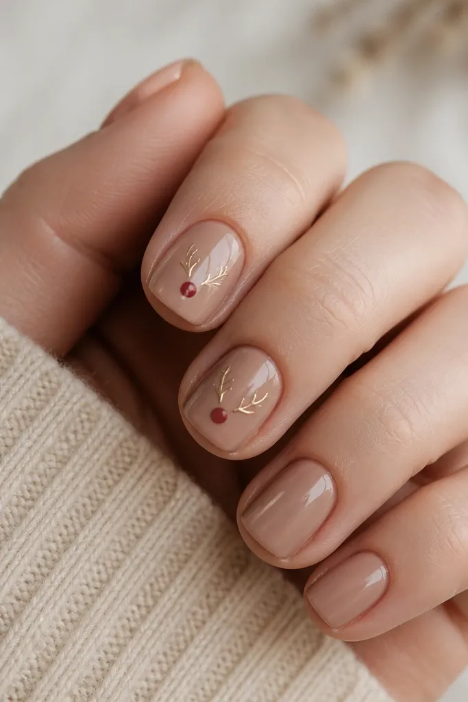 Short nails with a deep nude base. On two nails, there is thin metallic gold line art of reindeer antlers, with a small red nose dot near the center.