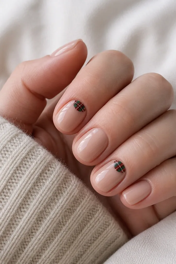 Short nude nails with a tiny plaid square in the top corner near the cuticle on two accents. Plaid uses deep green, red, and thin white lines inside the square.