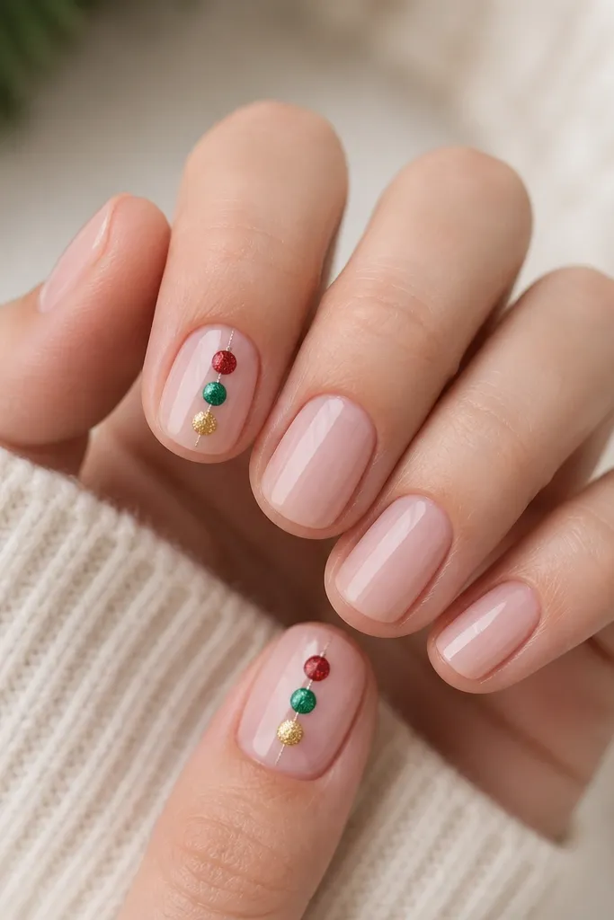 Short nails on a sheer base. Each accent nail has three small ornament circles stacked vertically in red, green, and gold, connected by tiny string lines.