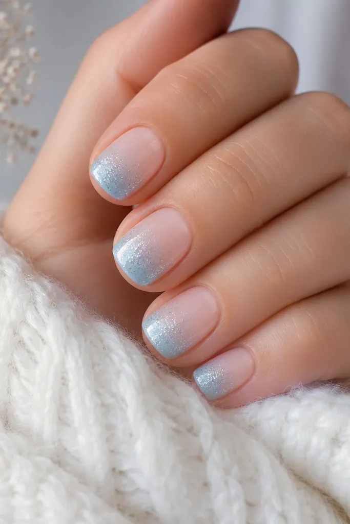 Short nails with a nude base. The tips fade into icy blue ombre, then a sprinkle of fine silver glitter sits like snow across the top of the ombre.