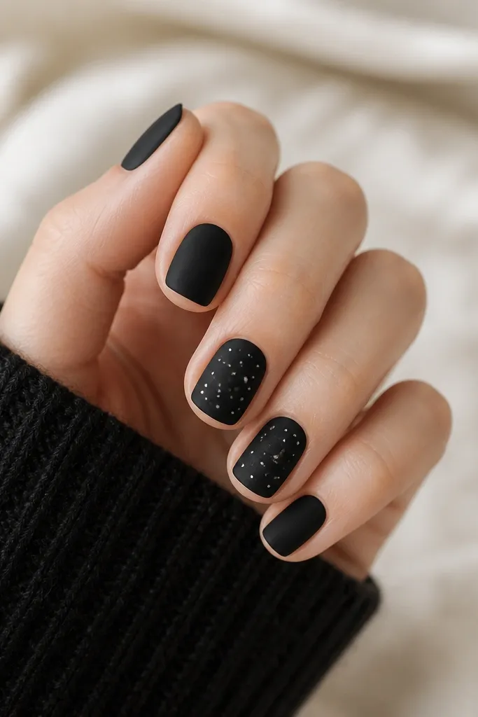 Short nails in matte black. On two accents, there are tiny white and silver dot stars scattered near the center, plus one small crescent moon in silver.