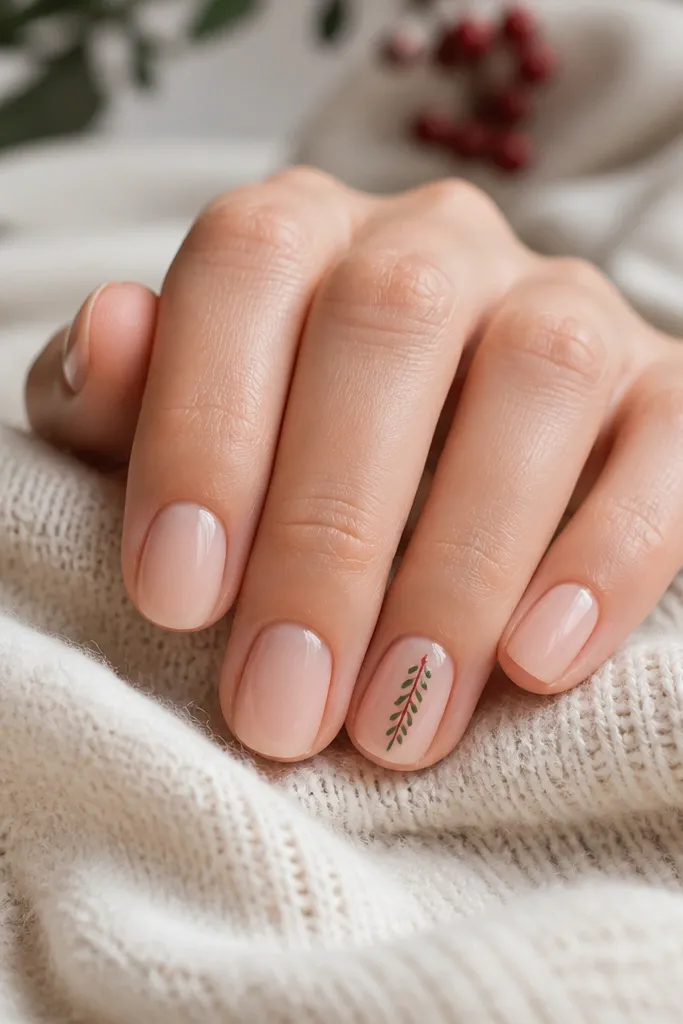 Short nude nails with a single accent nail showing a tiny holly-like sprig: red berries and small green leaves, done in a simple vertical line near the center.