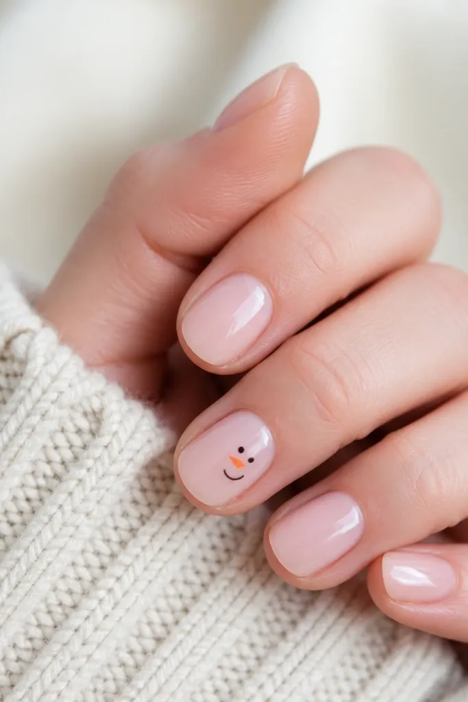 Short nails with a sheer base. On one accent nail, a tiny snowman face is painted near the center with one black eye, a small orange carrot nose, and a thin curved smile.