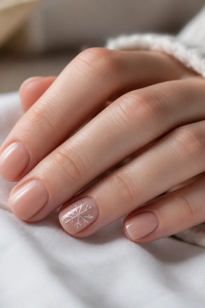 Short nails with a nude base. A silver half snowflake sits on the side of one accent nail, with the other half implied by negative space.