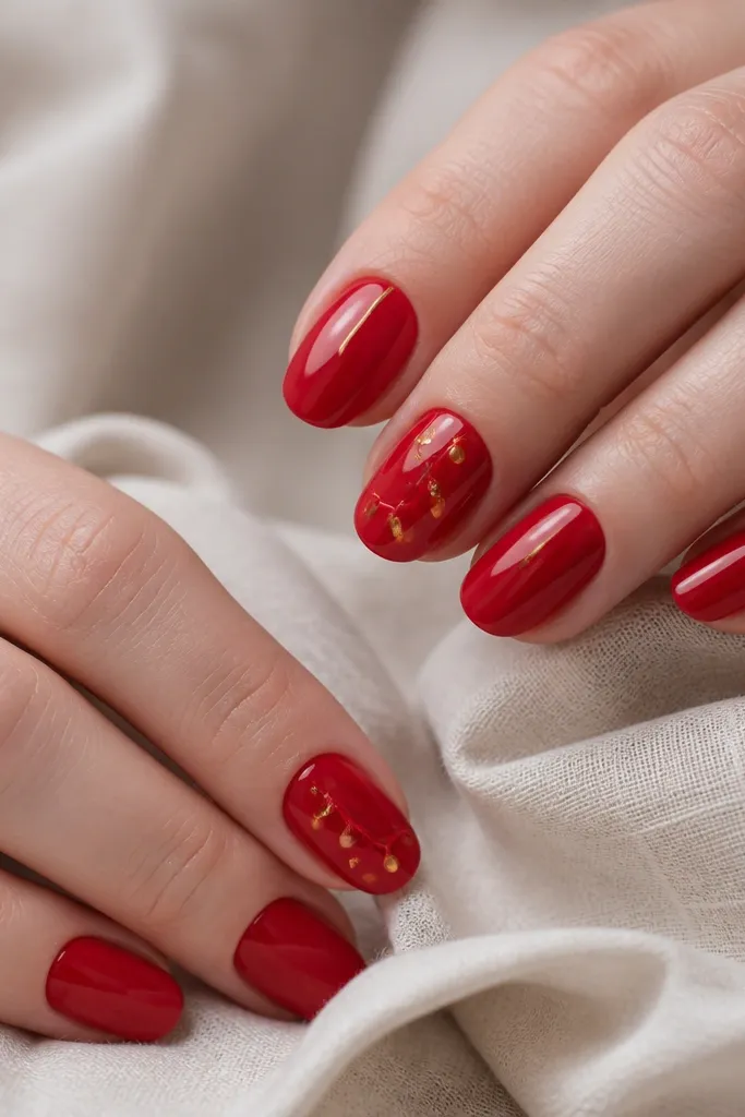 Ten nails in cherry-red glossy polish. Two accent nails show tiny 'light bulbs' made with gold dots and short red lines, then a clear gel dome over the top so the lights look raised. The other nails are solid gloss with a single thin gold vertical stripe near the cuticle on one ring finger.