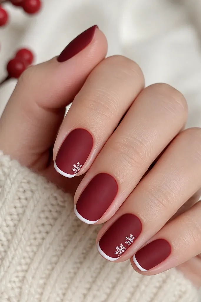 Short-to-medium nails in deep cranberry with a soft matte 'velvet' finish. The free edge on each nail has a thin white snow-cap curve, and a couple of nails have a micro-snowflake decal near the outer corner.