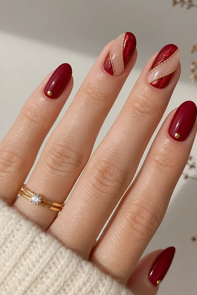 All nails are a glossy deep red. Two nails feature a diagonal ribbon made from red foil strips over a clear base. Along the ribbon edge are tiny gold dots that look like micro lights, and the rest of the nails have a single gold dot near the cuticle.