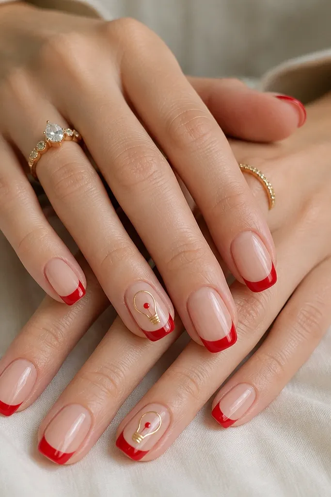 Nails have a sheer nude base with classic red French tips. On two ring fingers, a thin gold outline traces a light bulb shape near the tip, with a tiny red 'filament' dot in the center. The rest of the nails are simple French gloss.