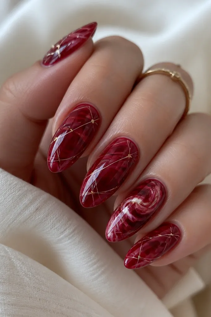 Deep red marble swirls across all nails with glossy finish. Thin white lines run diagonally like light threads, with a few tiny gold dot anchors at intersections. One nail has a slightly heavier swirl for emphasis.