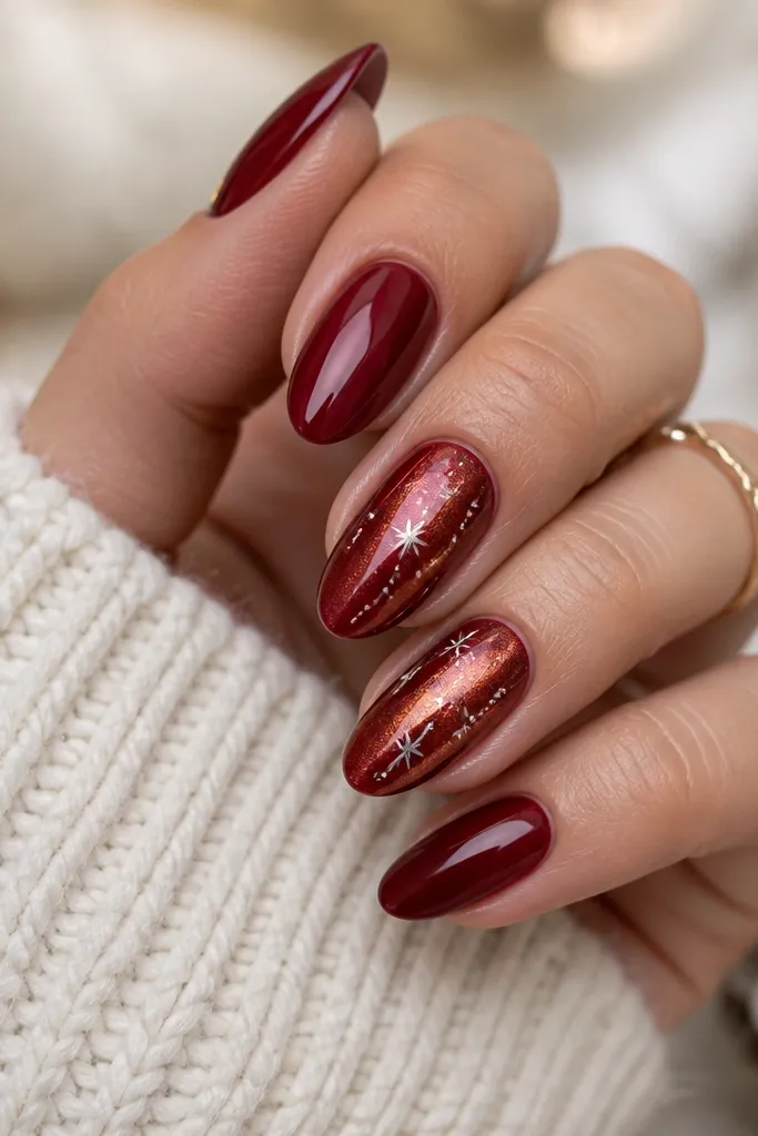 Base nails are deep red glossy. Accent nails have red chrome dust that shifts from ruby to copper. Small star shapes are stamped in pale silver, and a dotted light string runs along the side of the nail toward the tip.