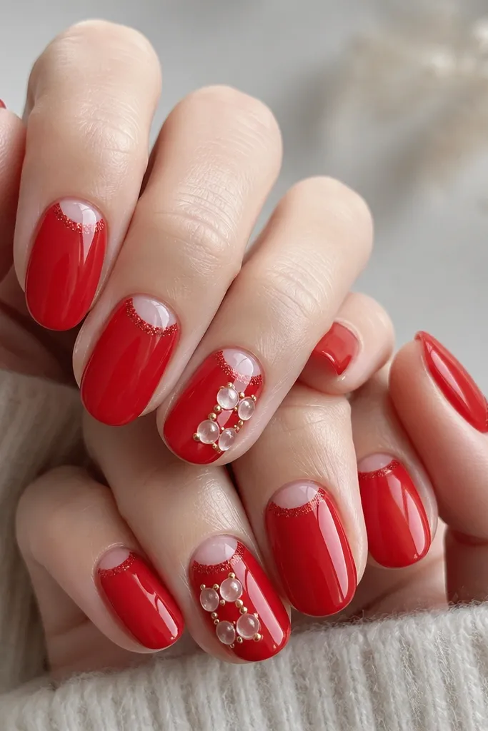 Half-moon nail art at the cuticle in red micro-glitter on a nude base. The rest of each nail is glossy red. Two accent nails have clear gel beads arranged like tiny light bulbs, each bead capped with a small gold dot.