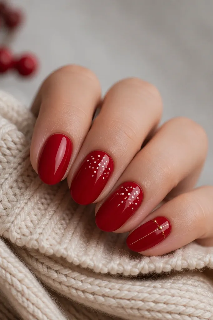 All nails are glossy solid red. Three nails have tiny white dots arranged like stars in the upper half. One nail has a single thin white line and two small gold dots like light points near the sidewall.