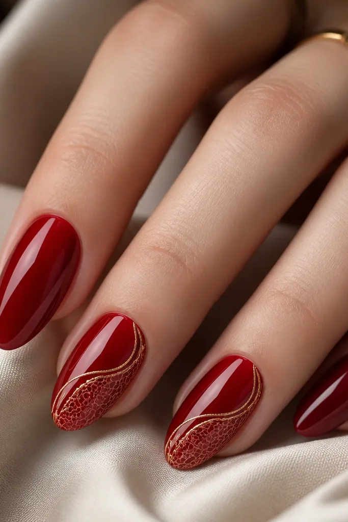 Nails are glossy deep red. Two nails have a lace-like pattern made from thin curved lines in a lighter red, creating net texture. Along the lace edge and near the cuticle are thin gold traces that look like light wiring.
