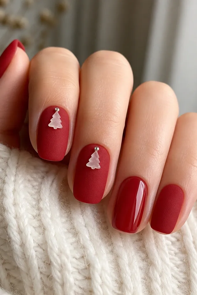 Nails are matte red velvet. On two nails, tiny frosted Christmas tree charms sit near the cuticle, each with one small silver rhinestone like a light. The rest of the nails are plain matte with a glossy red ring finger accent.